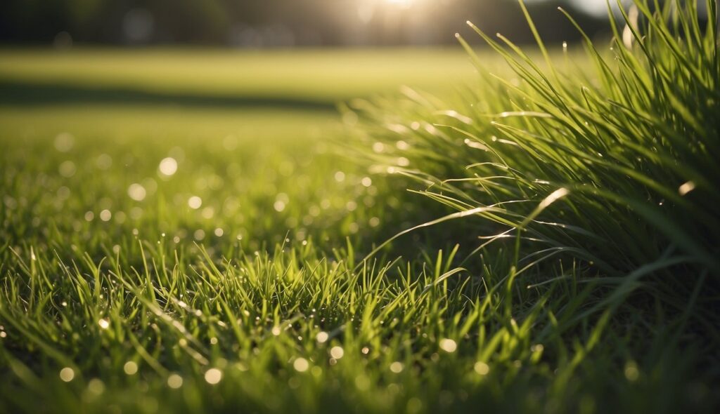 zoomed in photo of zoysia grass lawn mowing in progress